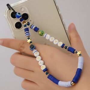 Blue Beaded Love Phone Charm Lanyard Wrist Strap